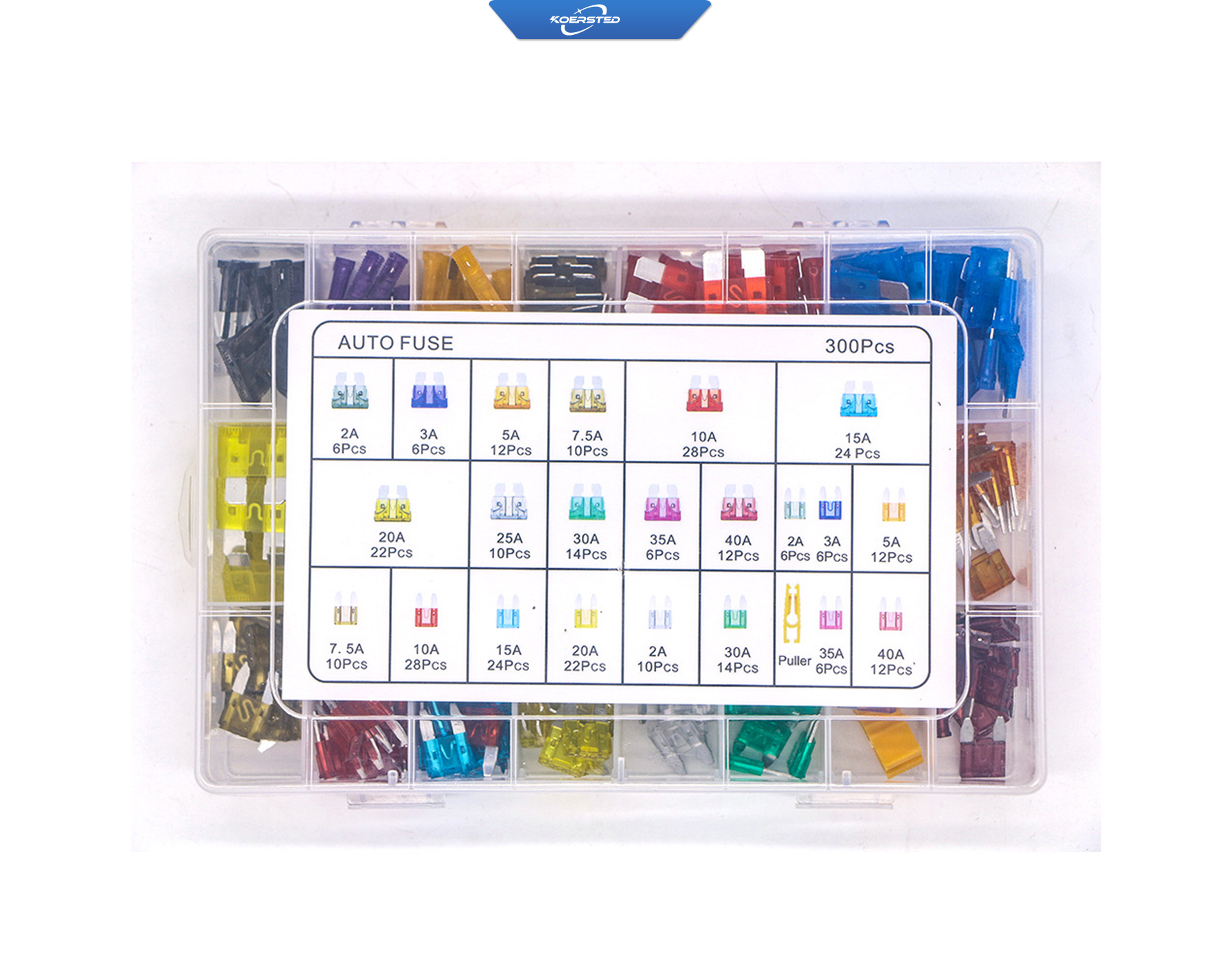 [300Pcs/box] 2A-40A automotive blade fuse, including 150 mini fuses and 150 standard fuses and 1 fuse clip